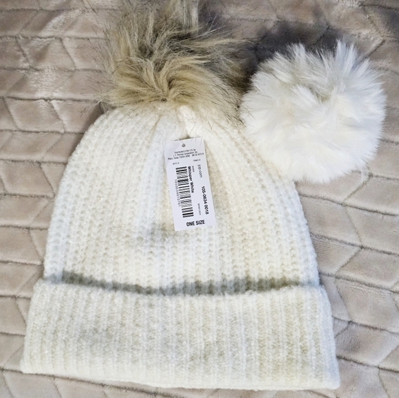 Detachable or Interchangeable Two Pom Beanie Cuffed Winter Knit Hat in Off White - Picture 6 of 7